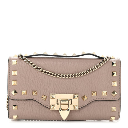 Valentino Garavani Pebbled Calfskin Rockstud Flip Lock Wallet On Chain Poudre 1 of 10