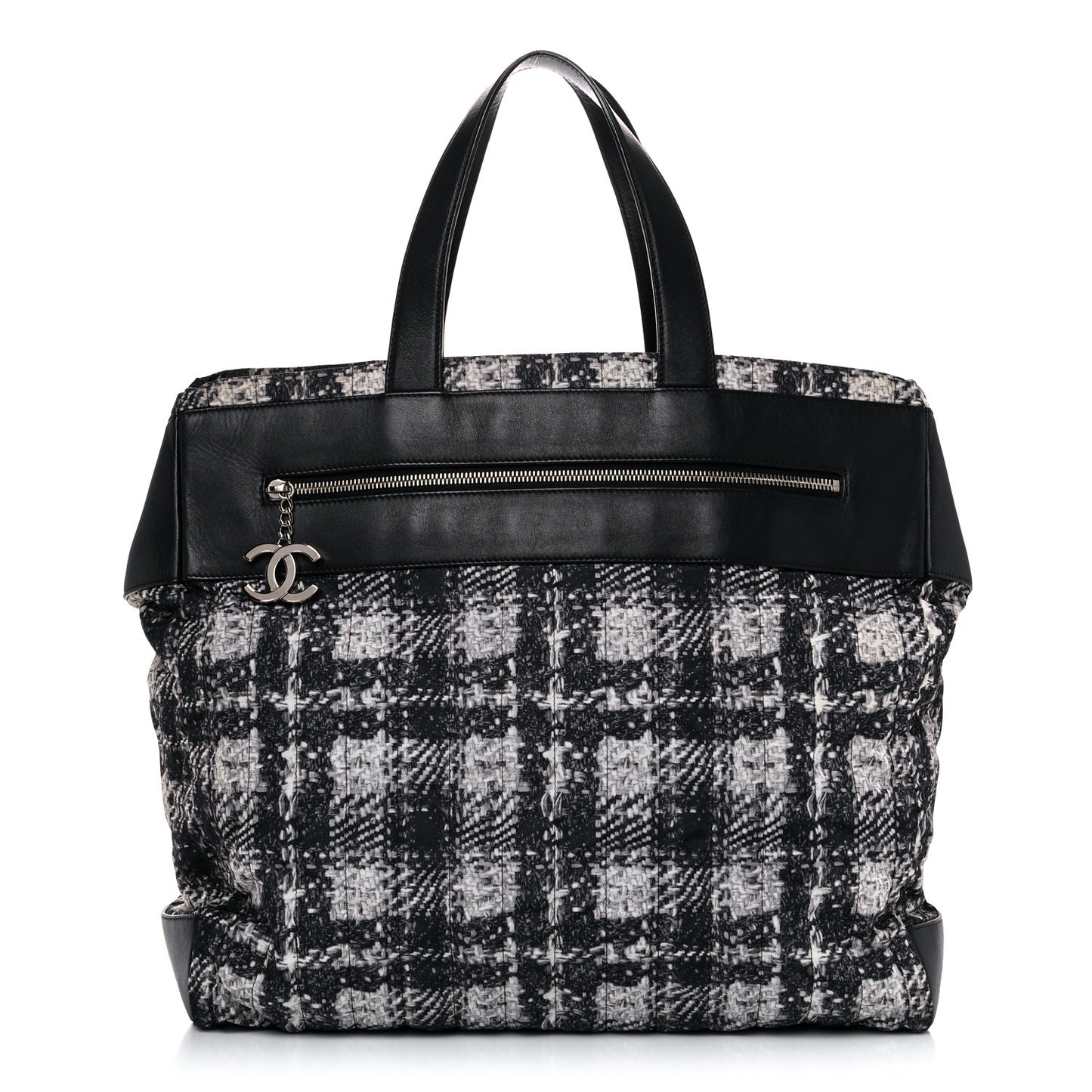 Lambskin Nylon Tweed Printed Tote Black White