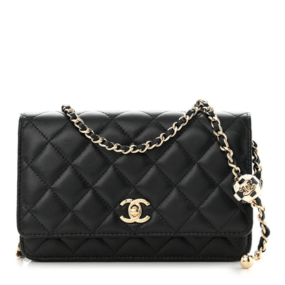 Chanel Lambskin Enamel Quilted Pearl Crush Wallet On Chain WOC Black 1 of 11