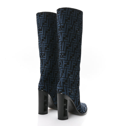 Fendi Chenille Jacquard FF 110mm Knee Boots 38 Black Blue 5 of 7