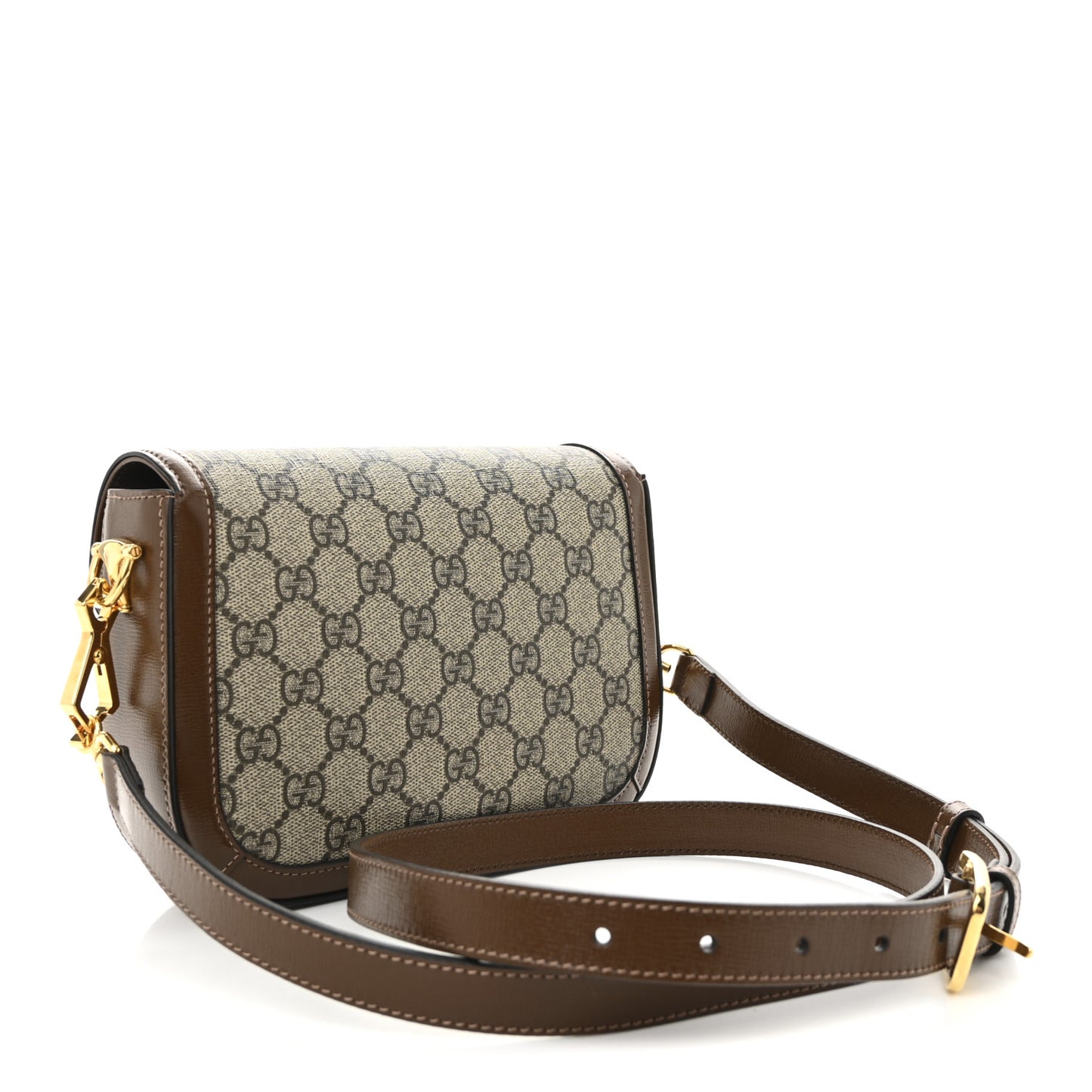 GG Supreme Monogram Azalea Calfskin Web Mini Horsebit 1955 Shoulder Bag Beige Ebony Brown Sugar