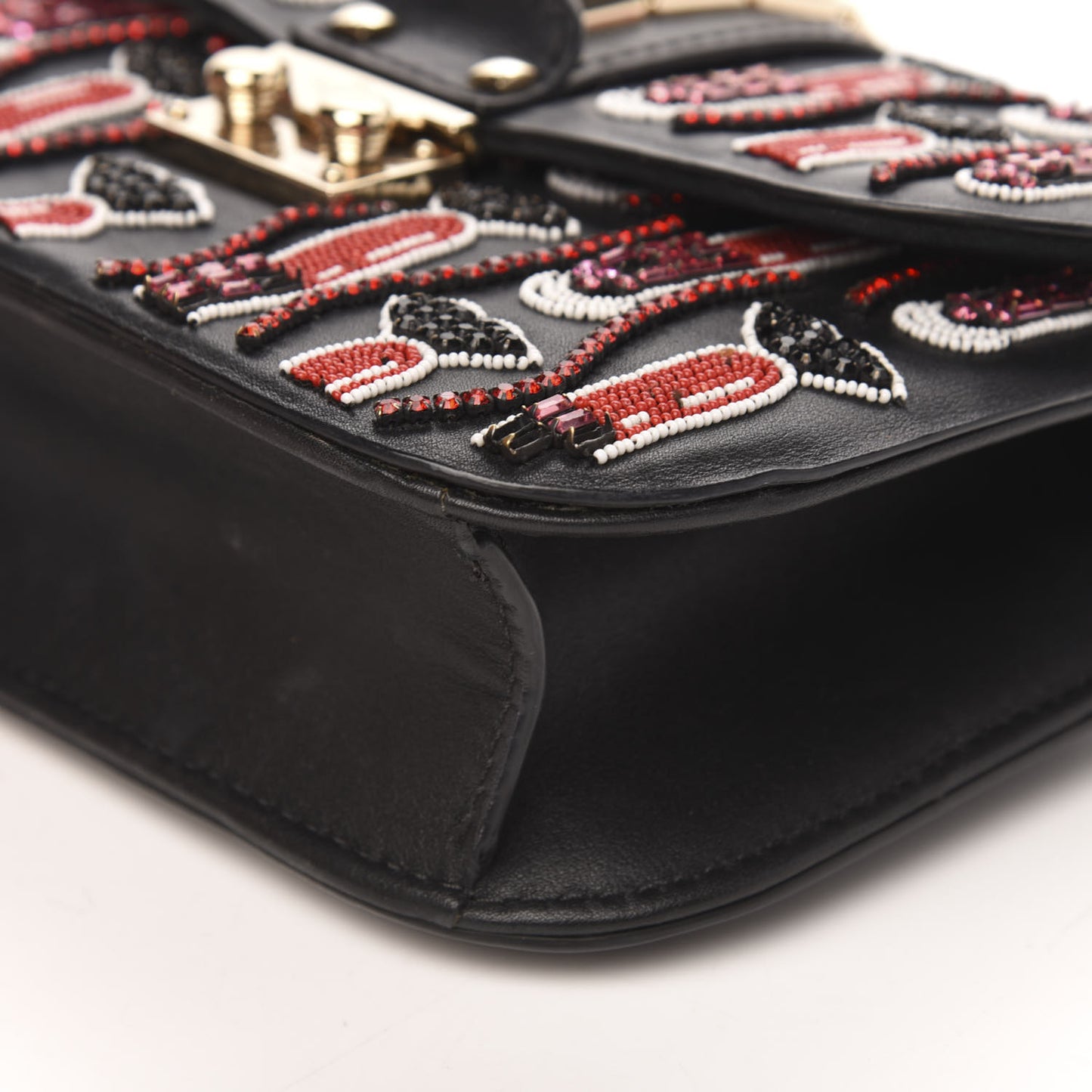 Vitello Crystal Lipstick Embellished Small Glam Lock Rockstud Flap Black