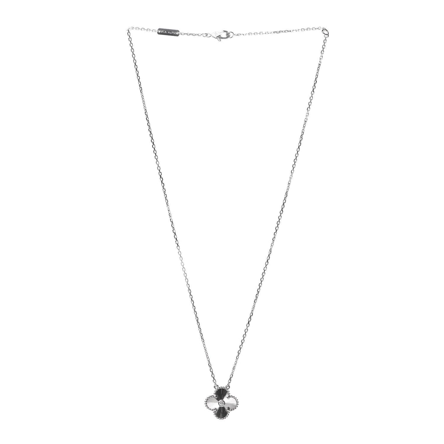 18K White Gold Diamond Guilloche Vintage Alhambra Pendant Necklace