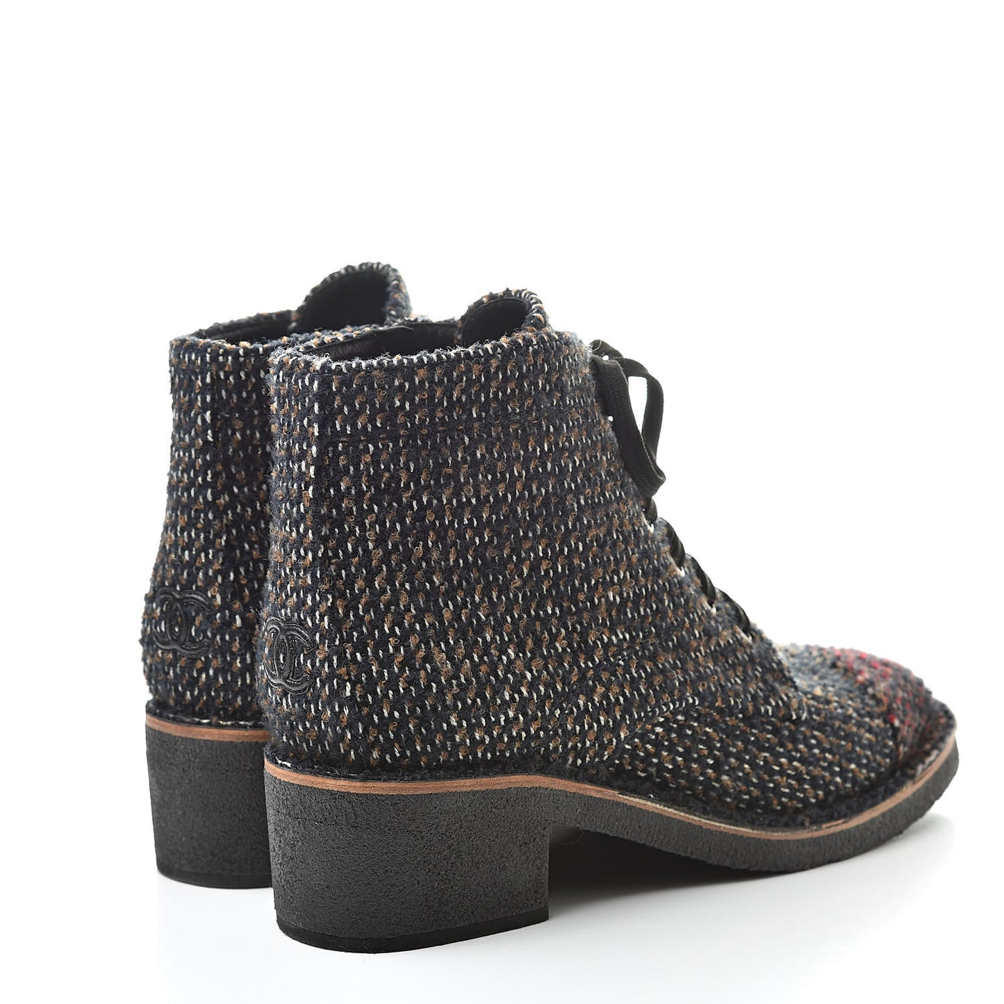Tweed Quilted Lace Up Short Boots 40.5 Black Multicolor