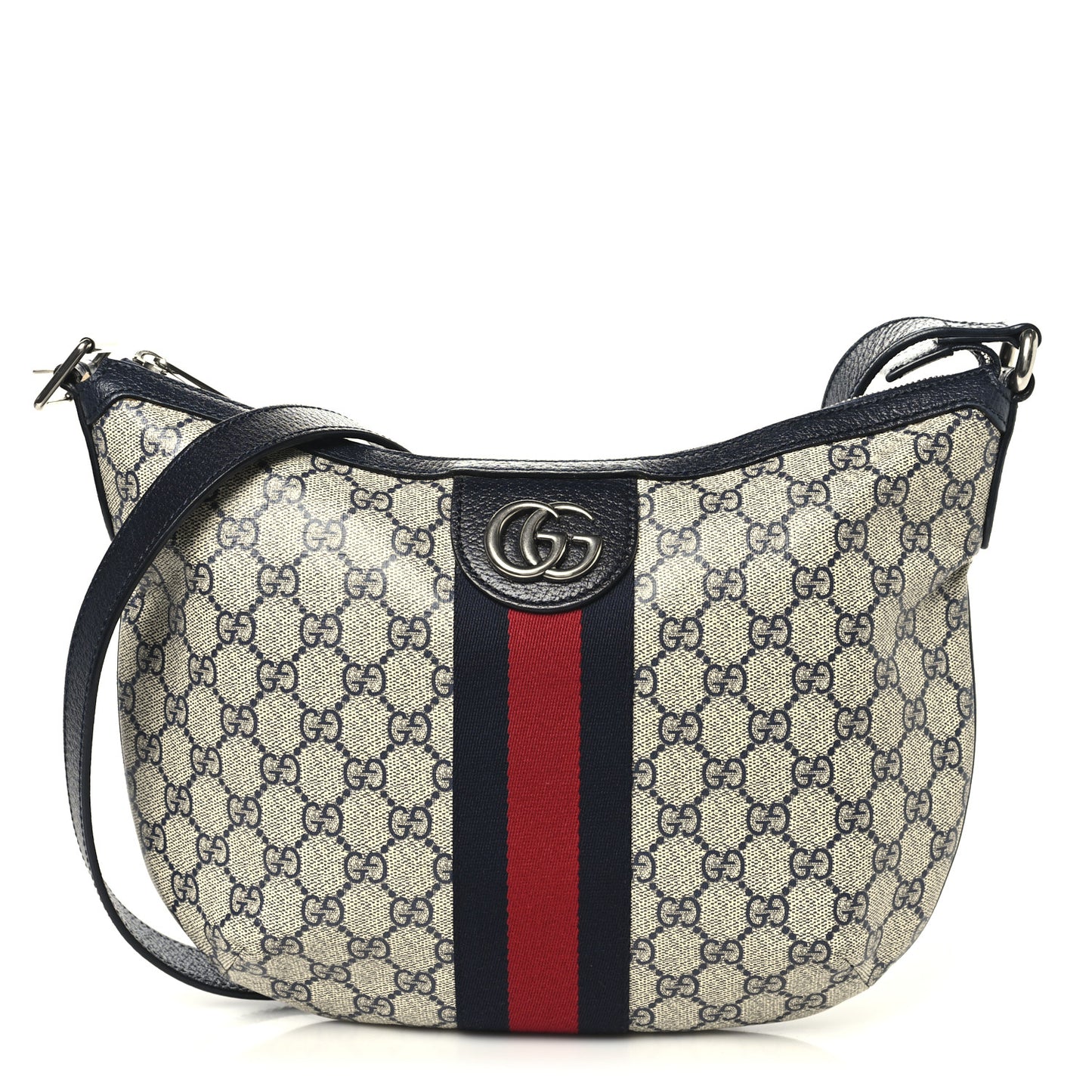 GG Supreme Monogram Textured Dollar Calfskin Web Small Ophidia Half Moon Hobo Beige Blue