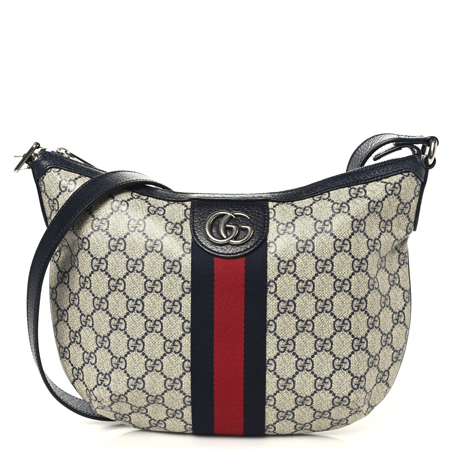Gucci GG Supreme Monogram Textured Dollar Calfskin Web Small Ophidia Half Moon Hobo Beige Blue 1 of 10