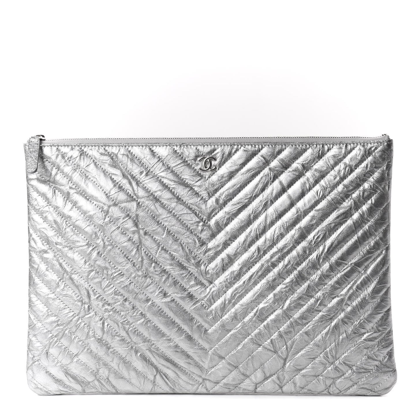 Metallic Crumpled Calfskin Chevron Quilted Large Cosmetic Case Silver