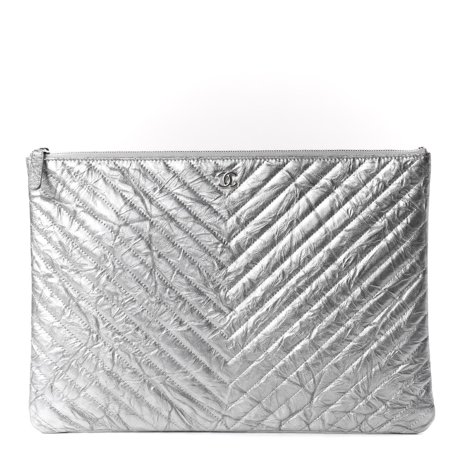 Chanel Metallic Crumpled Calfskin Chevron Quilted Large Cosmetic Case Silver 1 of 8