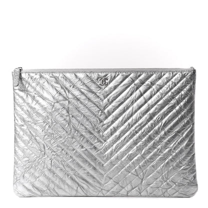 Chanel Metallic Crumpled Calfskin Chevron Quilted Large Cosmetic Case Silver 1 of 8