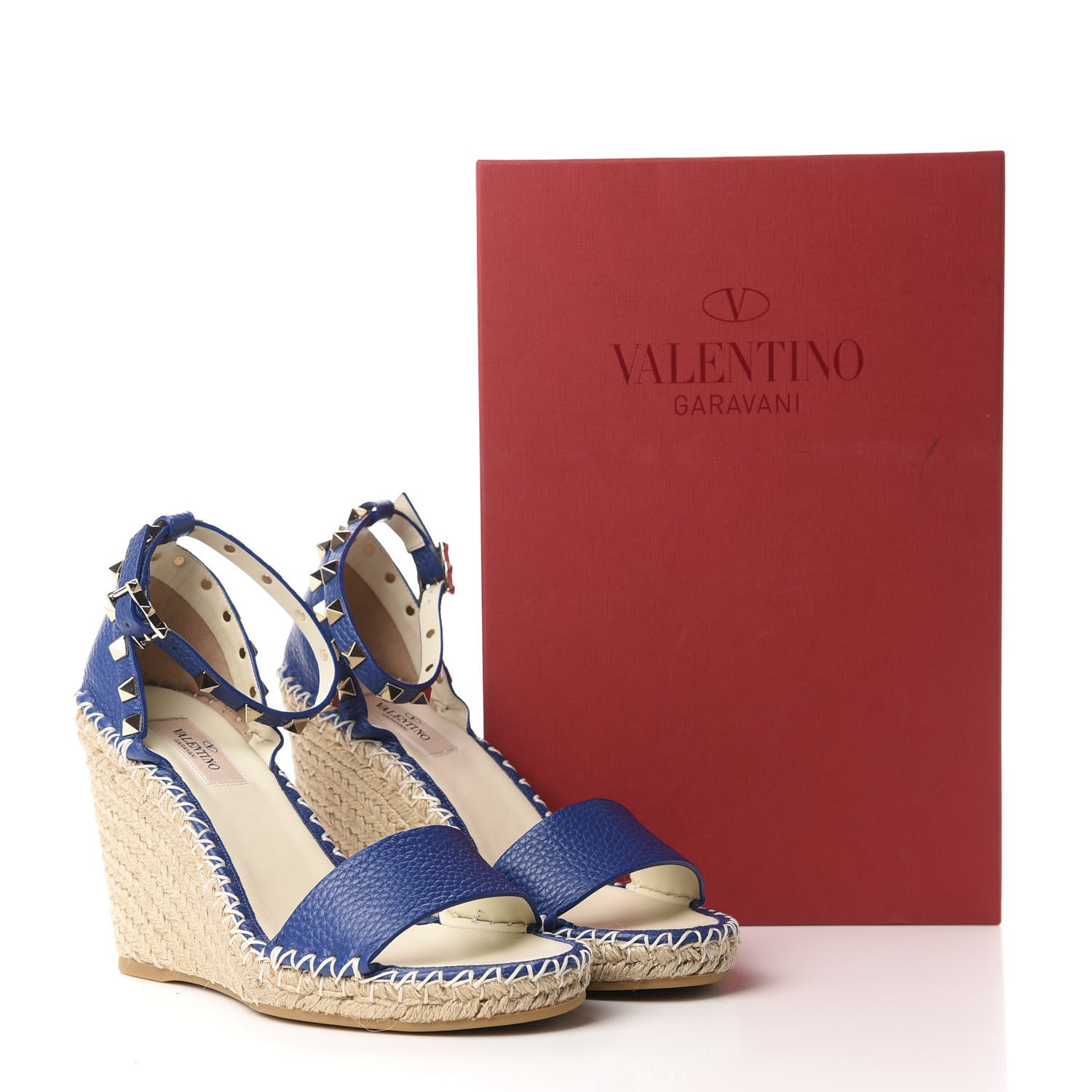 Valentino Garavani Grained Calfskin Rockstud Ankle Strap Espadrille 15/105mm Wedge Sandals 38 Blu Delft Natural 10 of 10