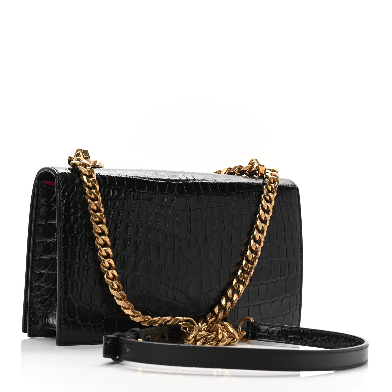 Alexander McQueen Shiny Crocodile Embossed Jeweled Satchel Black 3 of 9