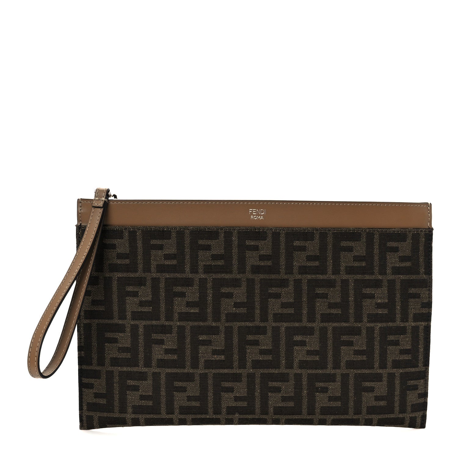 Fendi Vitello King Jacquard FF 1974 Medium Flat Pouch Tobacco Moro Sand 1 of 9