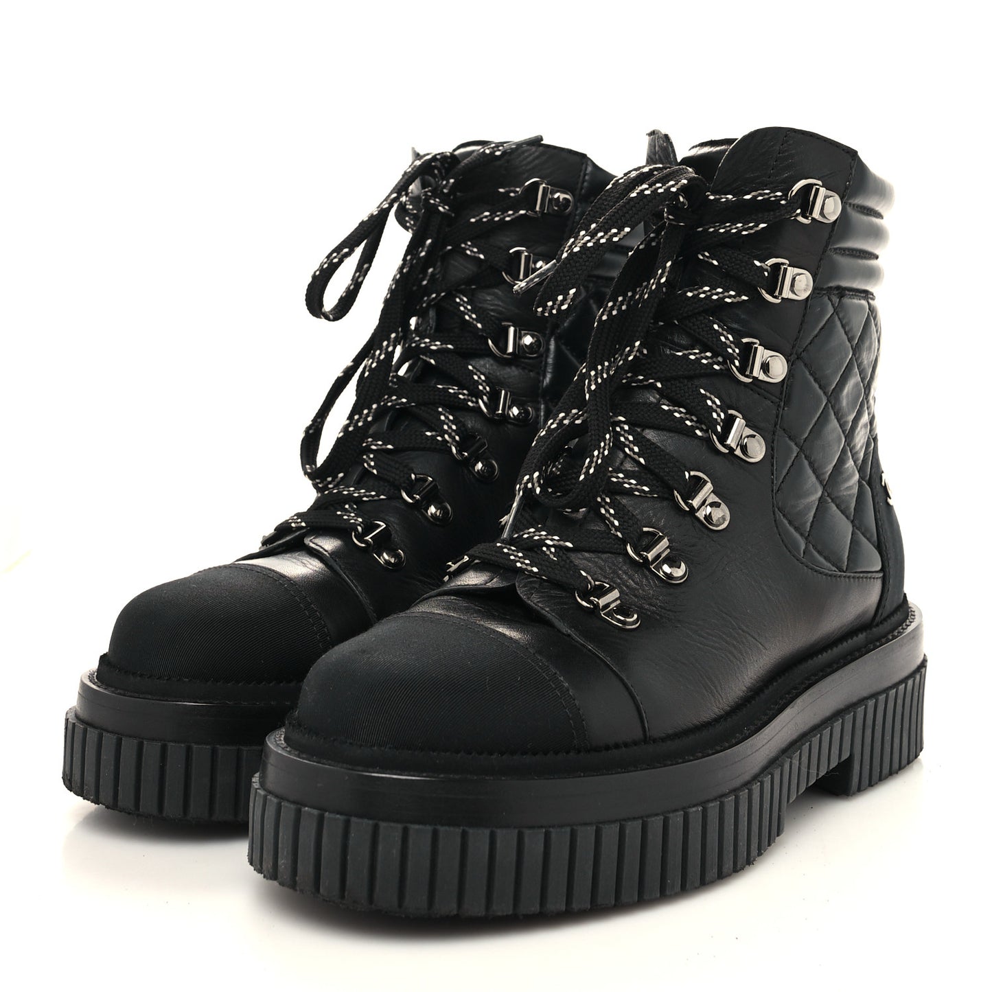 Calfskin Grosgrain Quilted Lace Up Boots 36.5 Black Grey