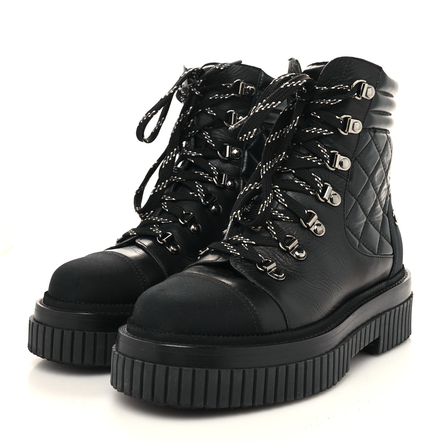 Chanel Calfskin Grosgrain Quilted Lace Up Boots 36.5 Black Grey 3 of 8