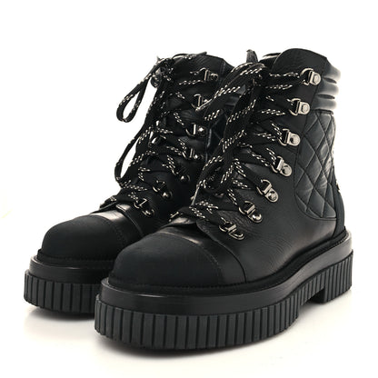 Chanel Calfskin Grosgrain Quilted Lace Up Boots 36.5 Black Grey 3 of 8