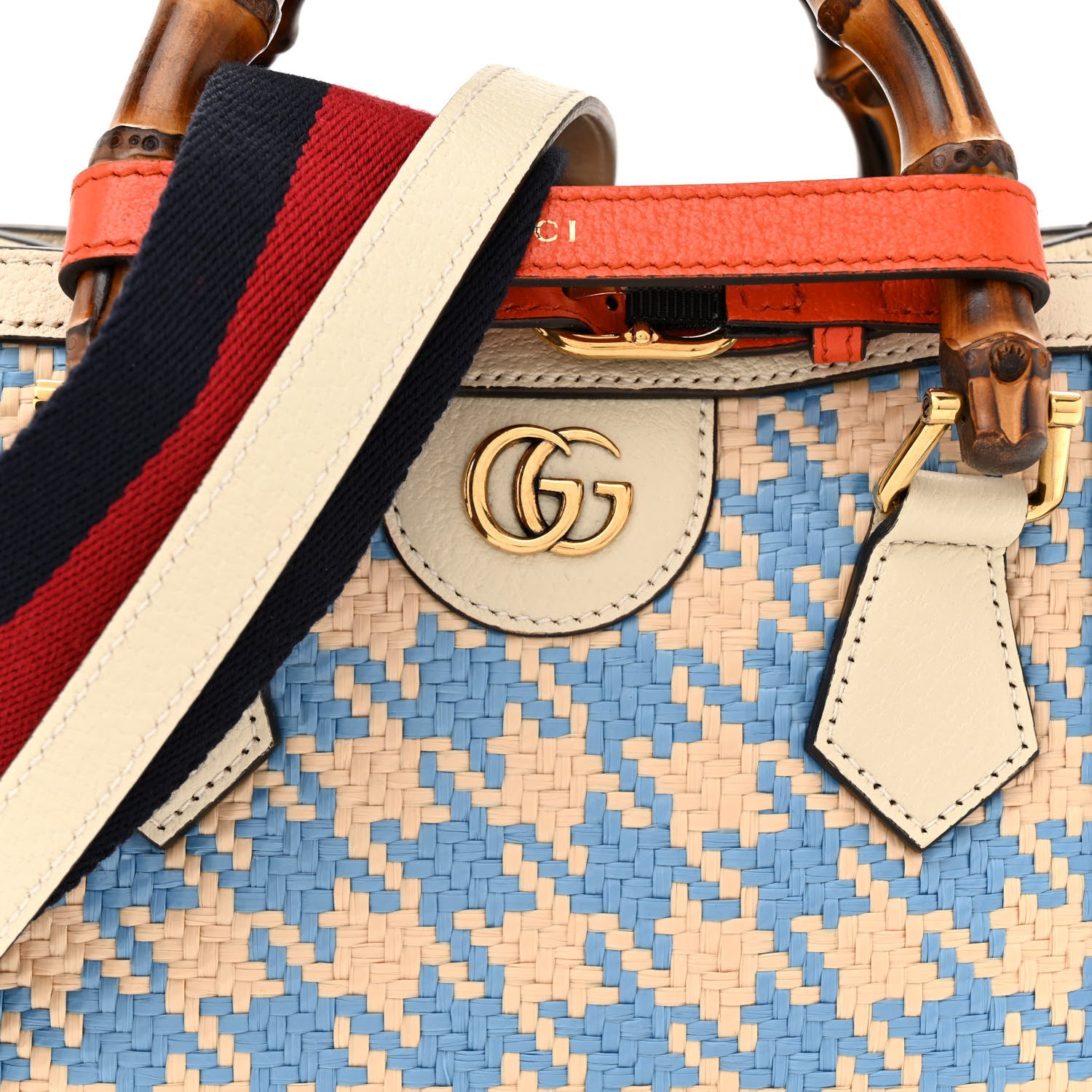 Gucci Raffia Textured Dollar Calfskin Web Houndstooth Mini Diana Tote Bag Light Blue Natural Deep Orange 7 of 11