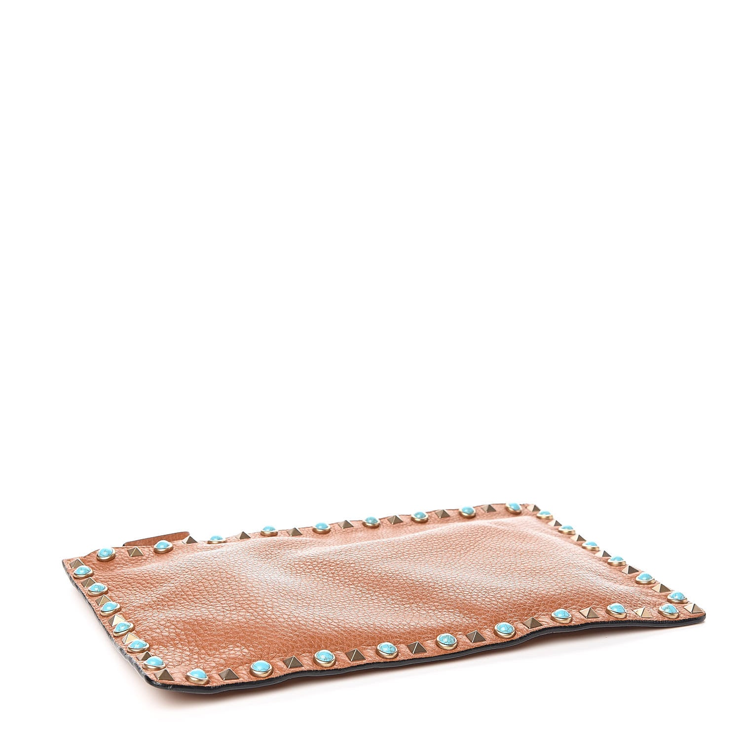 Valentino Garavani Pebbled Calfskin Turquoise Large Rockstud Rolling Zip Pouch Brown 4 of 7