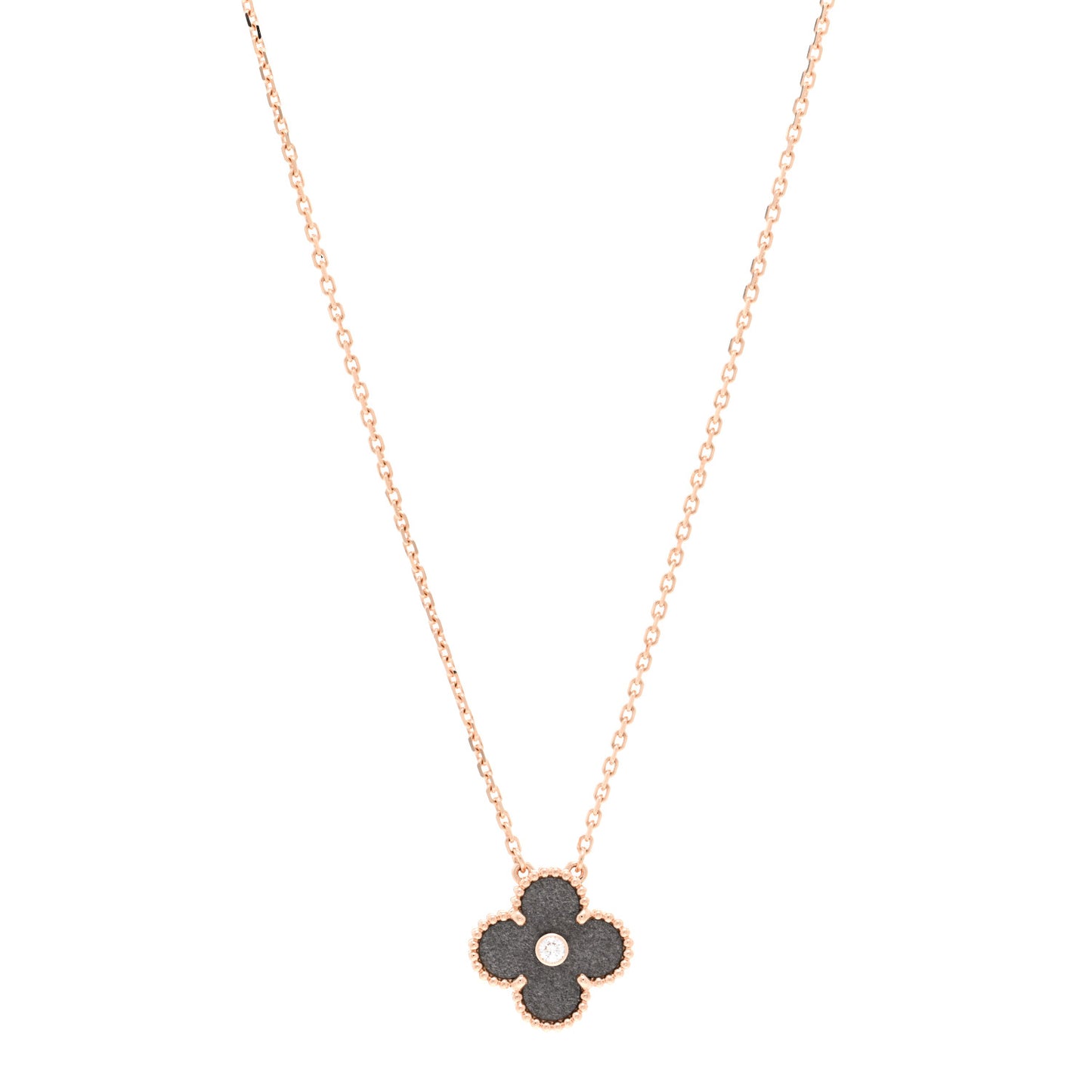 18K Rose Gold Diamond Silver Obsidian Vintage Alhambra Pendant Necklace