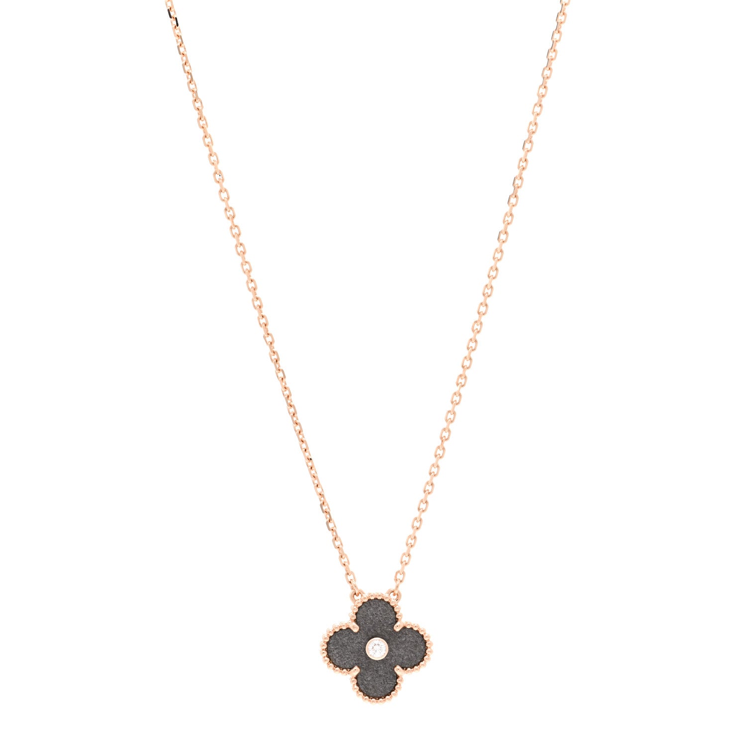 Van Cleef & Arpels 18K Rose Gold Diamond Silver Obsidian Vintage Alhambra Pendant Necklace 1 of 5