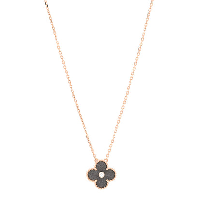 Van Cleef & Arpels 18K Rose Gold Diamond Silver Obsidian Vintage Alhambra Pendant Necklace 1 of 5