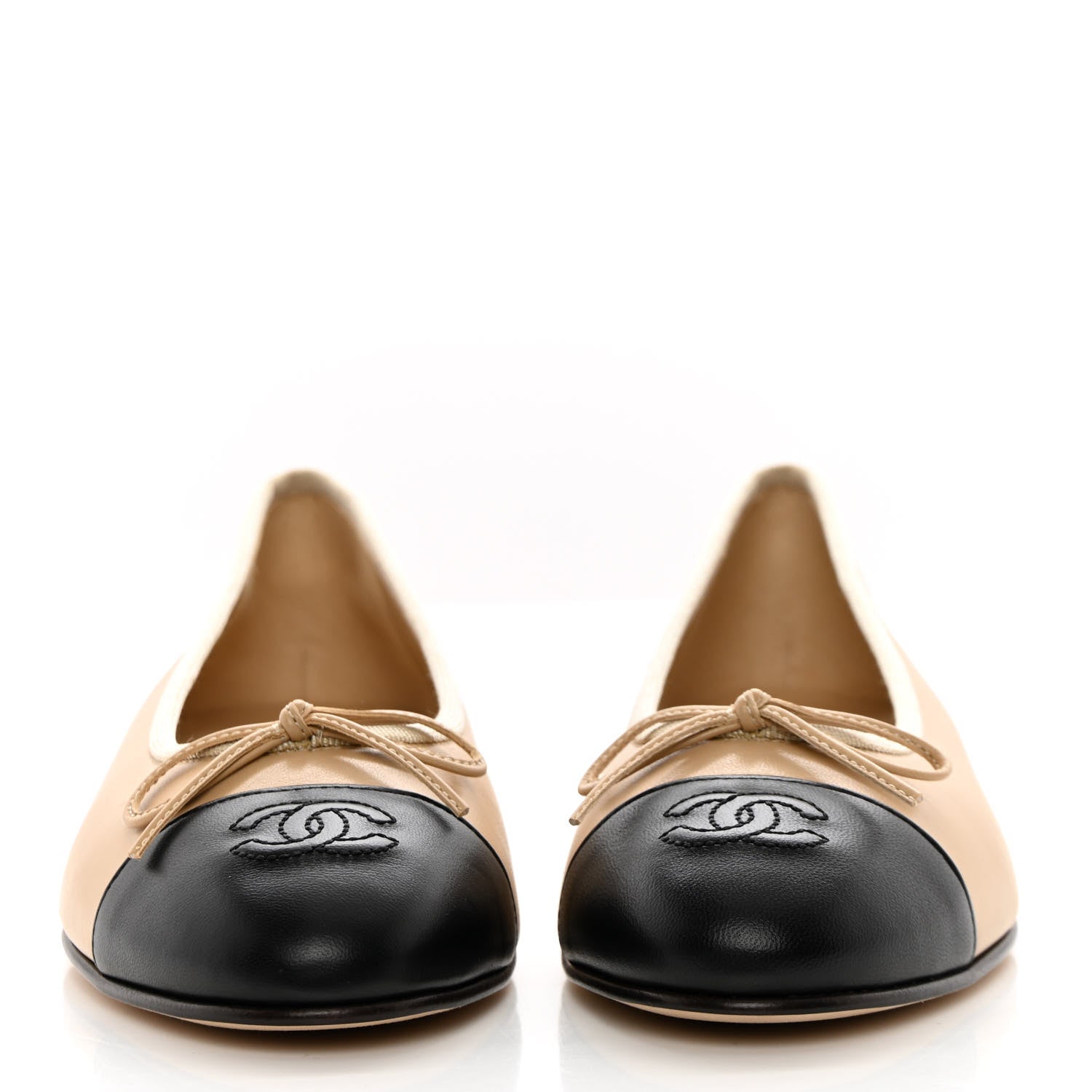Chanel Lambskin Cap Toe CC Ballerina Flats 37.5 Beige Black 2 of 10