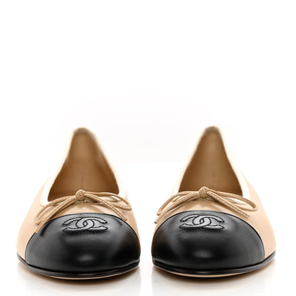 Chanel Lambskin Cap Toe CC Ballerina Flats 37.5 Beige Black 2 of 10