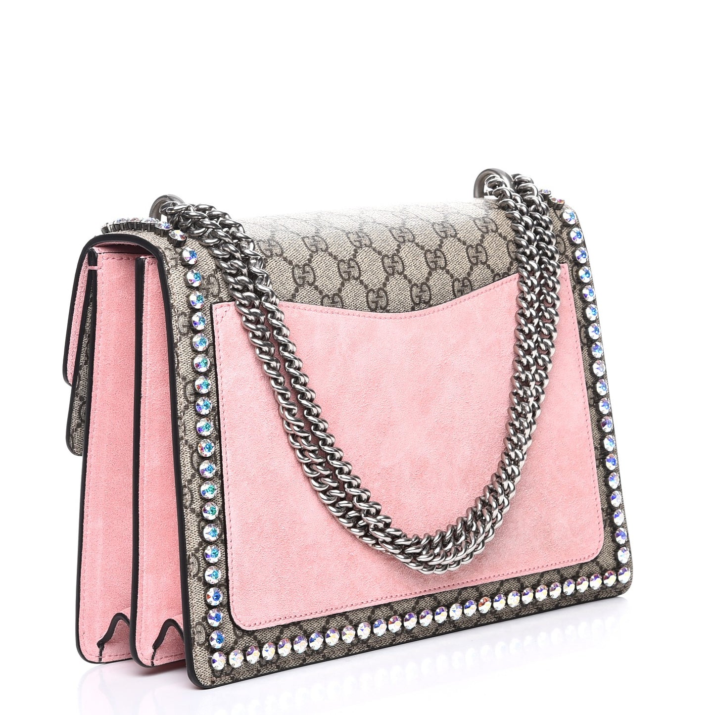 GG Supreme Monogram Suede Crystal Medium Dionysus Shoulder Bag Beige Ebony Light Peonia