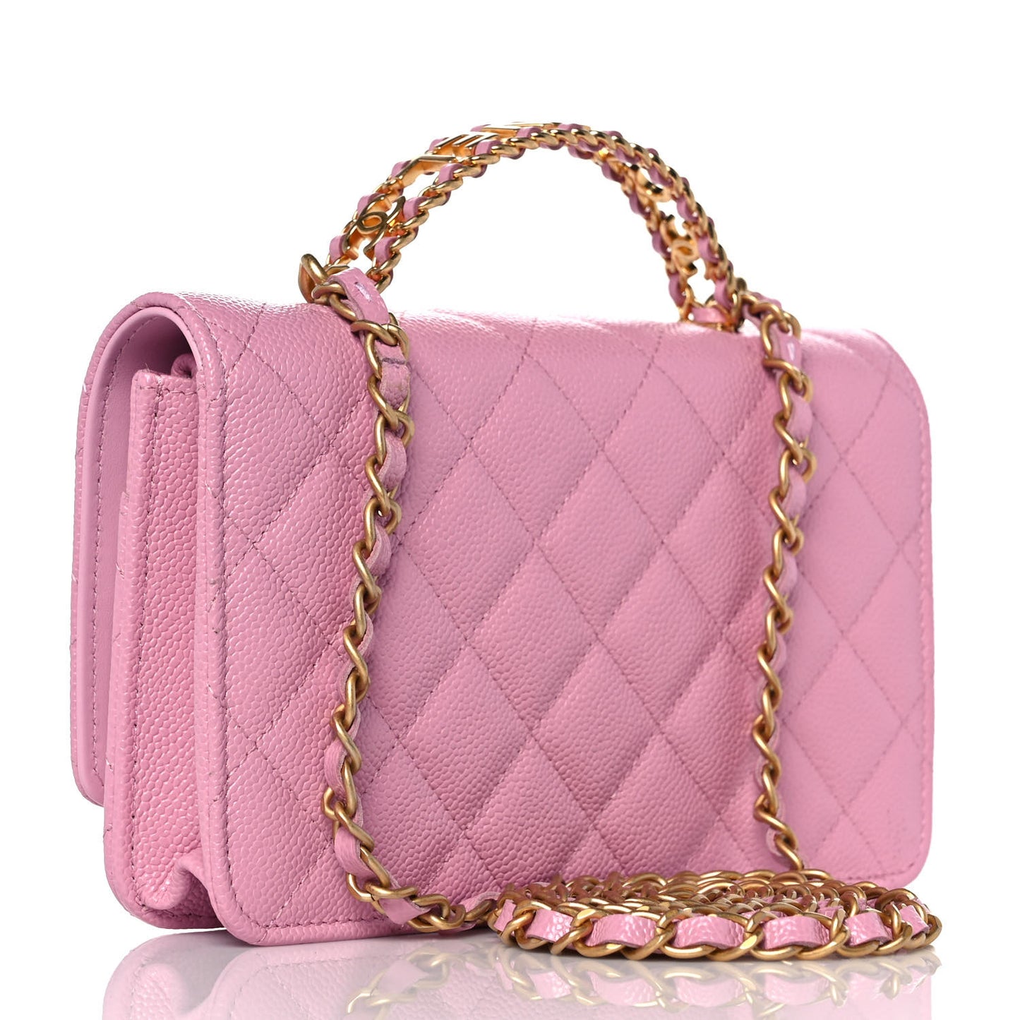 Shiny Caviar Quilted Pick Me Up Wallet On Chain WOC Pink