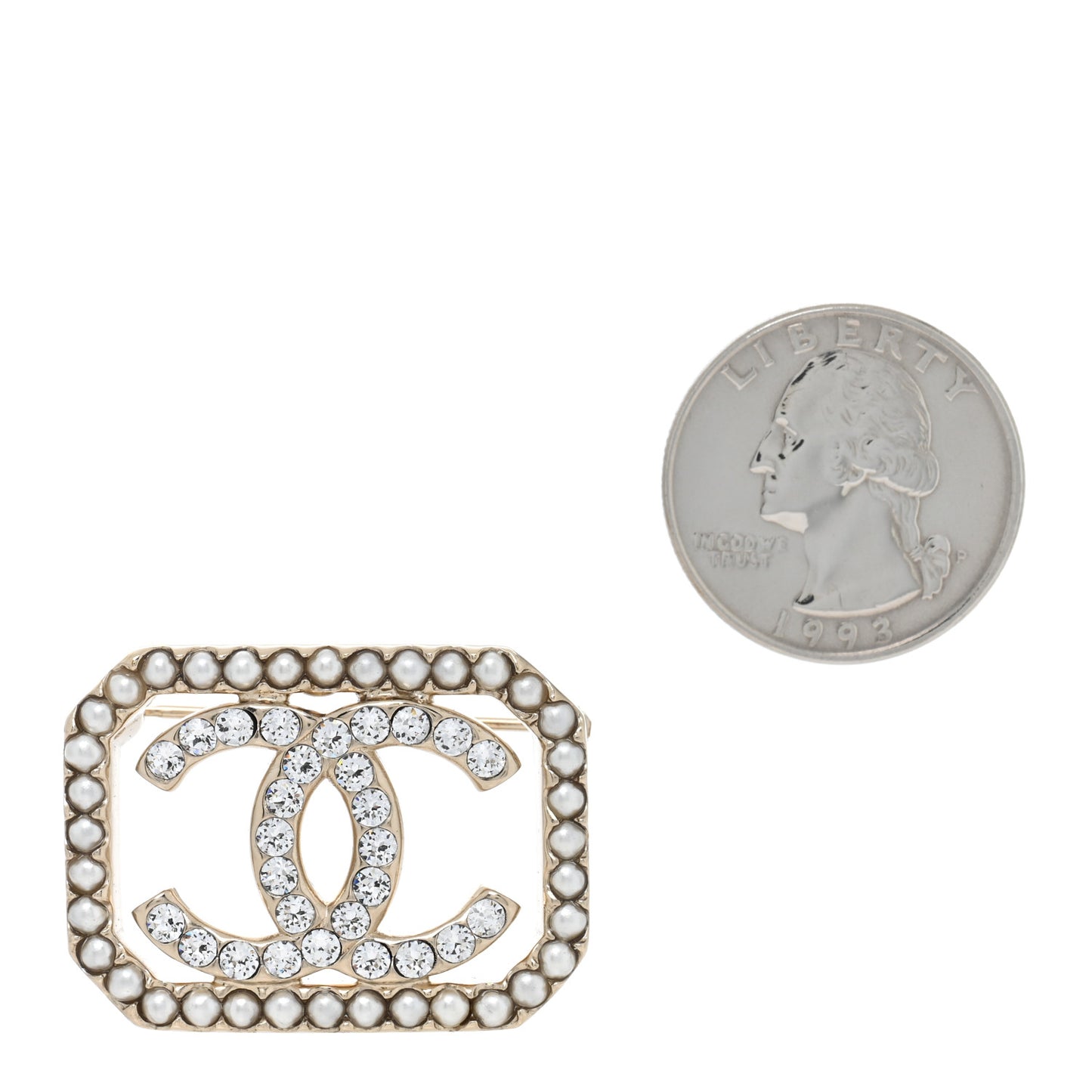 Pearl Crystal CC Square Brooch Gold