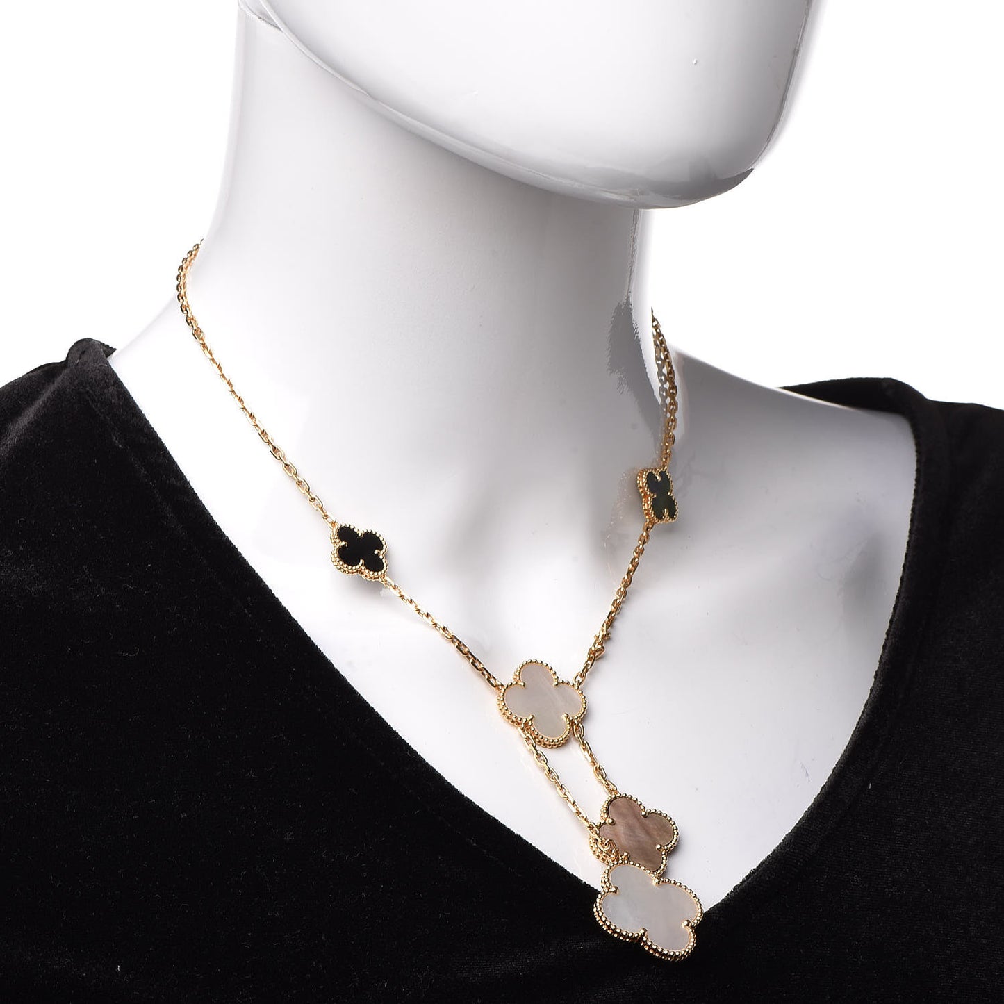 18K Yellow Gold Mother of Pearl Onyx 6 Motifs Magic Alhambra Necklace