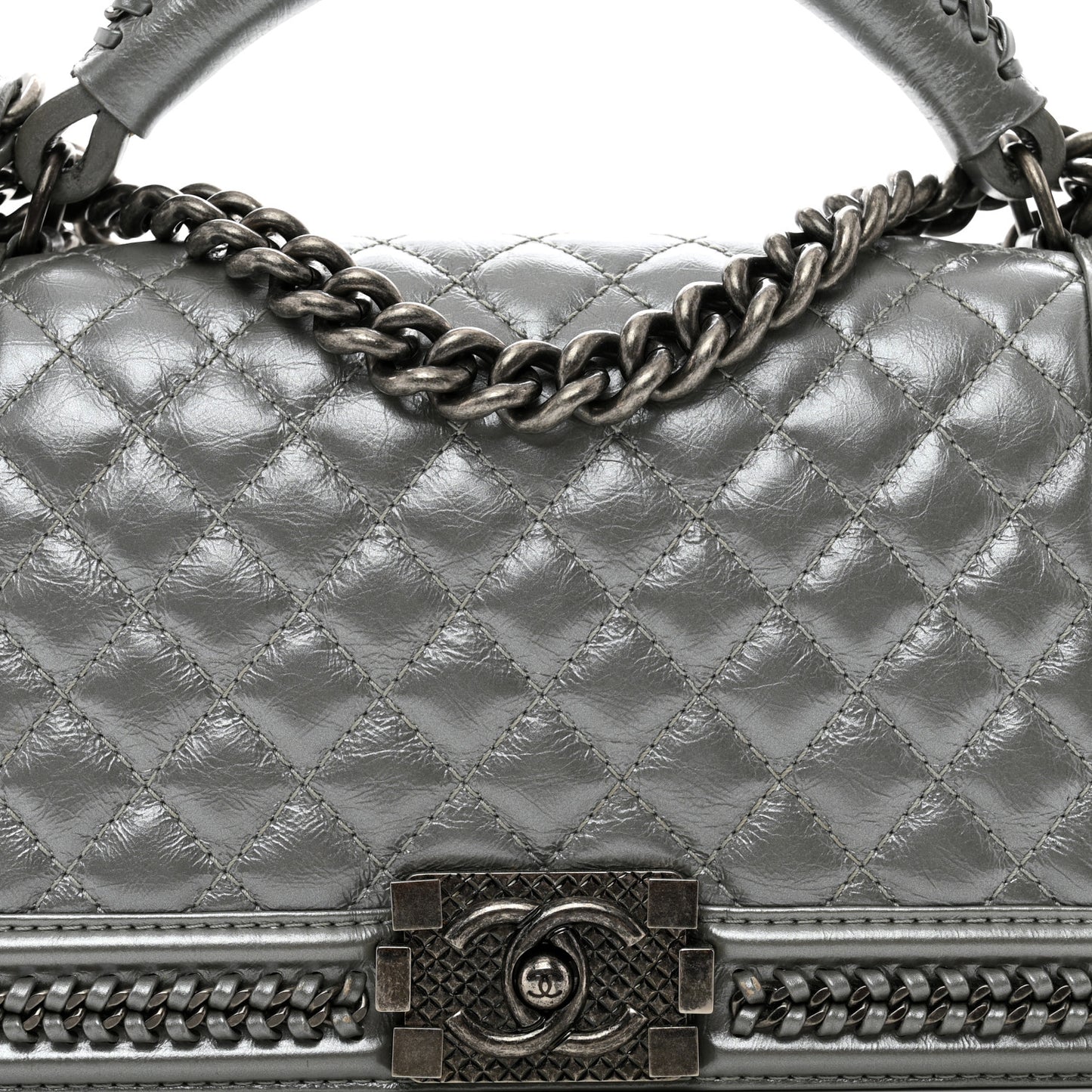 Metallic Aged Calfskin Quilted Medium Top Handle Boy Flap Silver