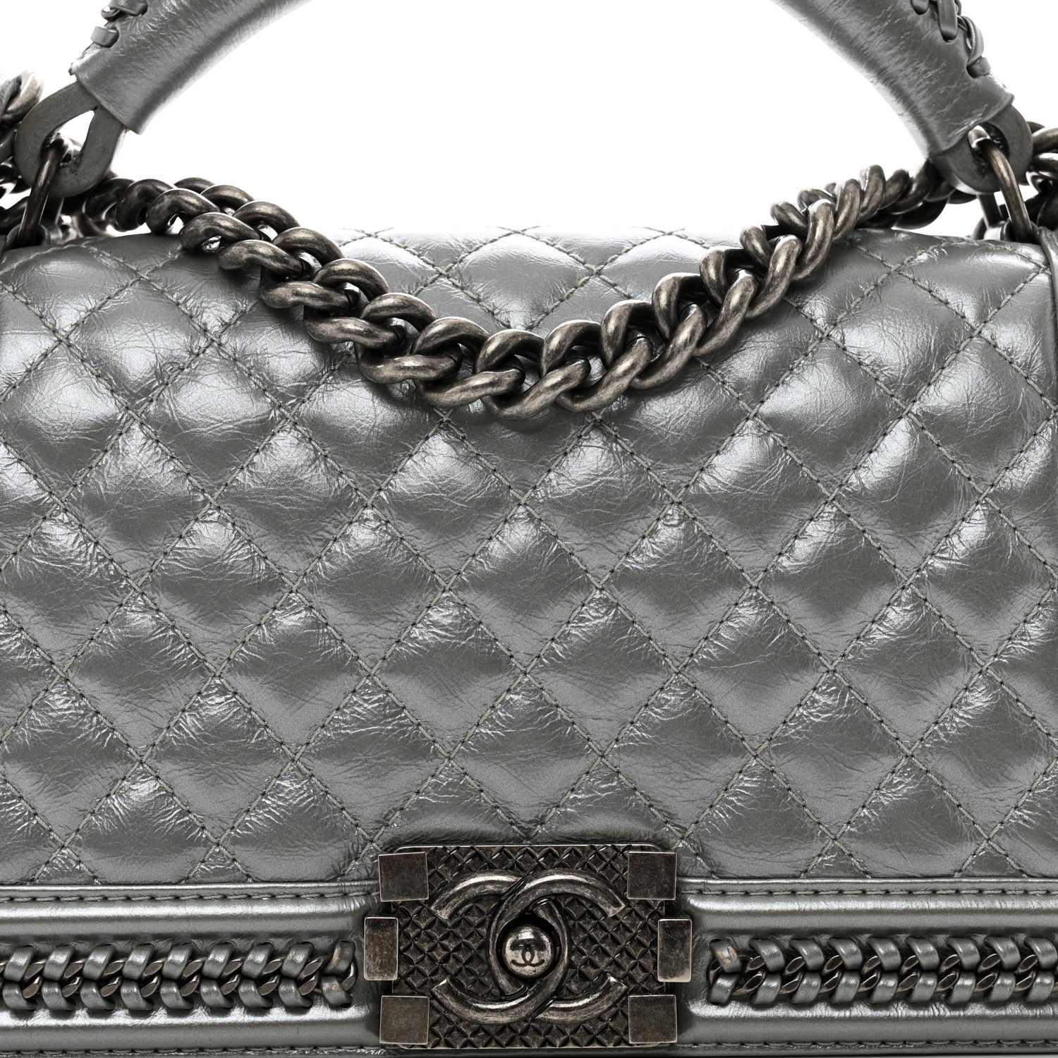 Chanel Metallic Aged Calfskin Quilted Medium Top Handle Boy Flap Silver 5 of 12