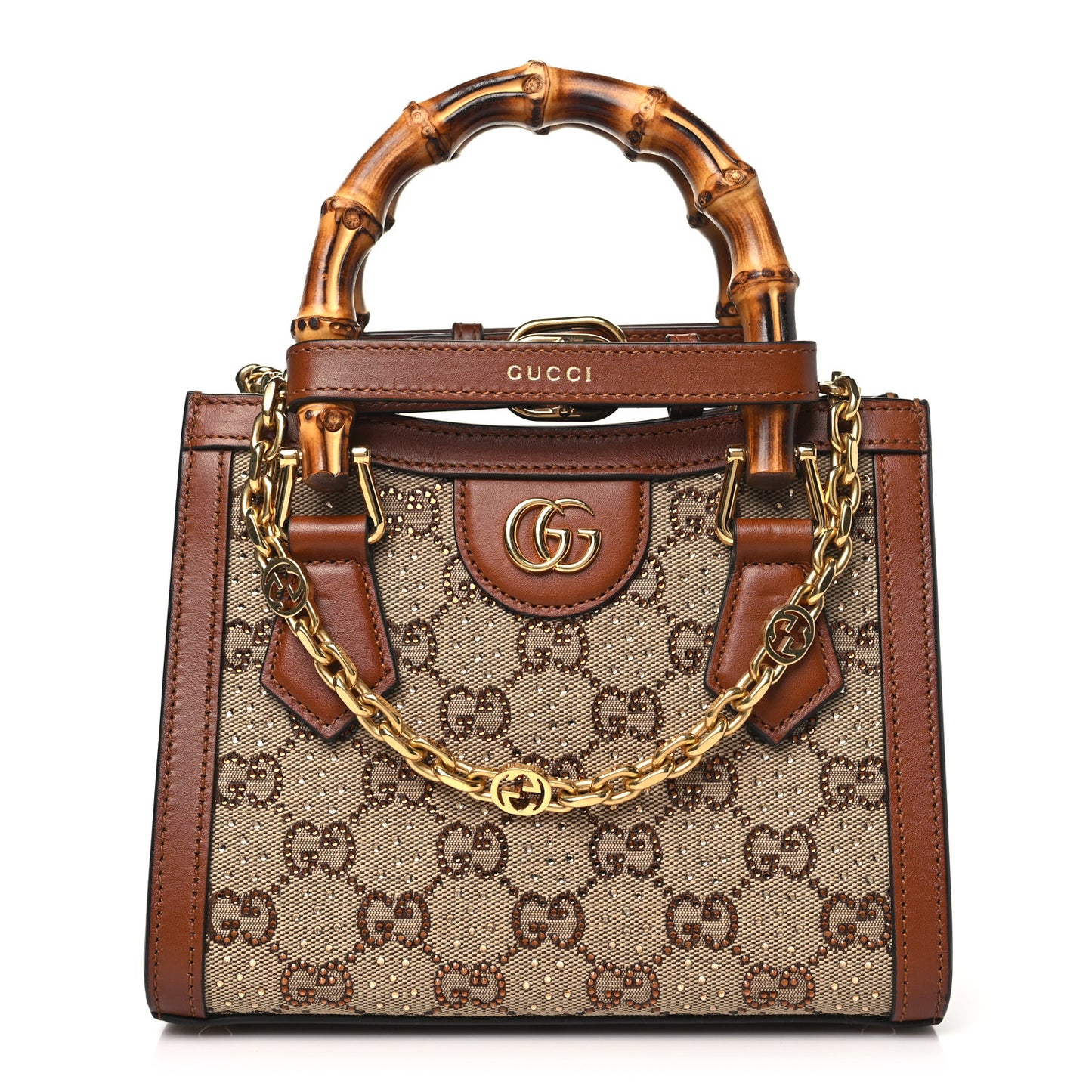 New Canvas Charisma Calfskin Crystal GG Monogram Mini Diana Tote Bag Camel Ebony