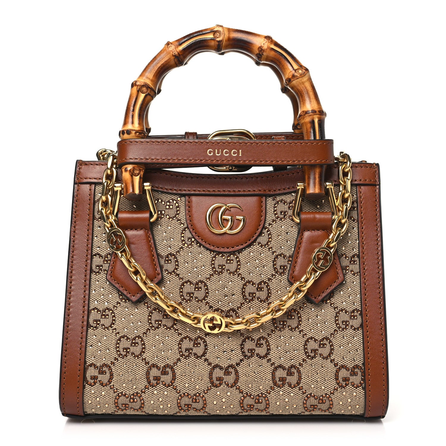 Gucci New Canvas Charisma Calfskin Crystal GG Monogram Mini Diana Tote Bag Camel Ebony 1 of 10