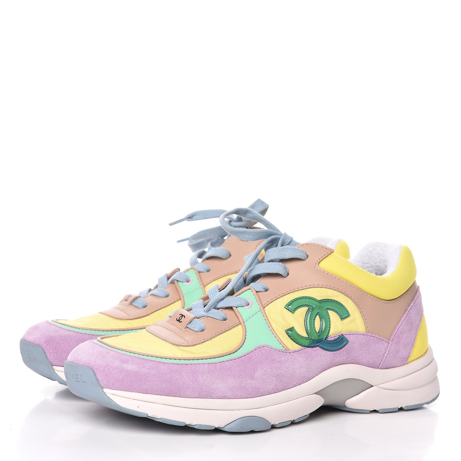 Chanel Nylon Lambskin Calfskin Suede CC Womens Sneakers 41 Pink Yellow Purple 3 of 8