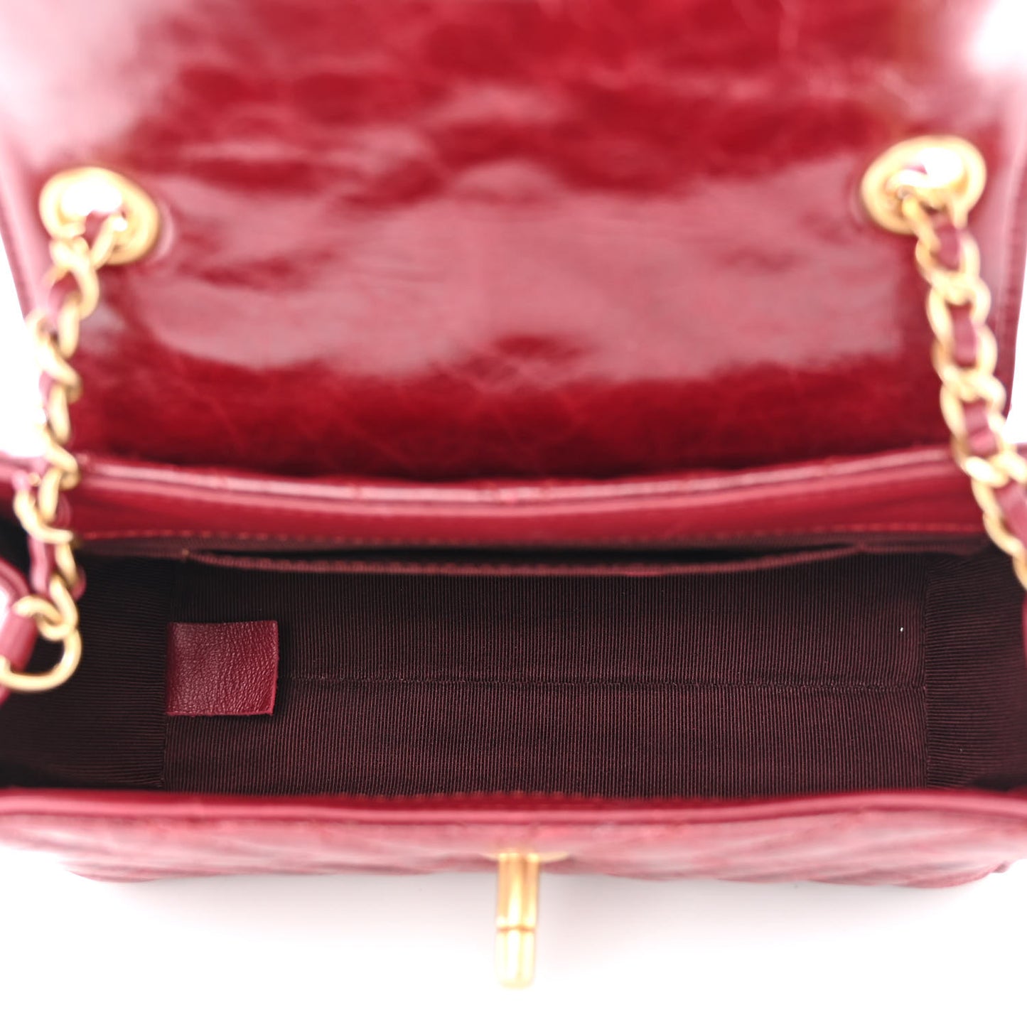 Glazed Calfskin Chevron Quilted Small Hampton Flap Burgundy
