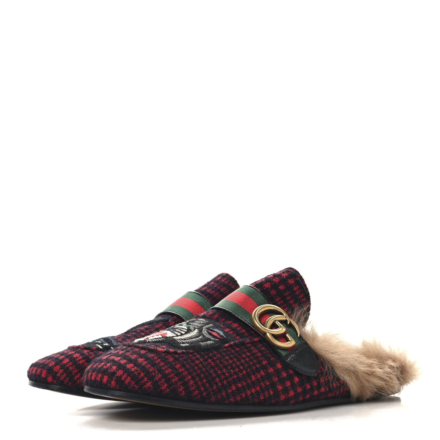 Tartan Fur Embroidered Mens Princetown Slippers 8 Red
