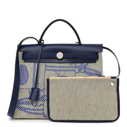 Hermes Vache Hunter Toile H Brides de Gala Herbag Zip Retourne 31 PM Bleu De France Ecru Black 3 of 12