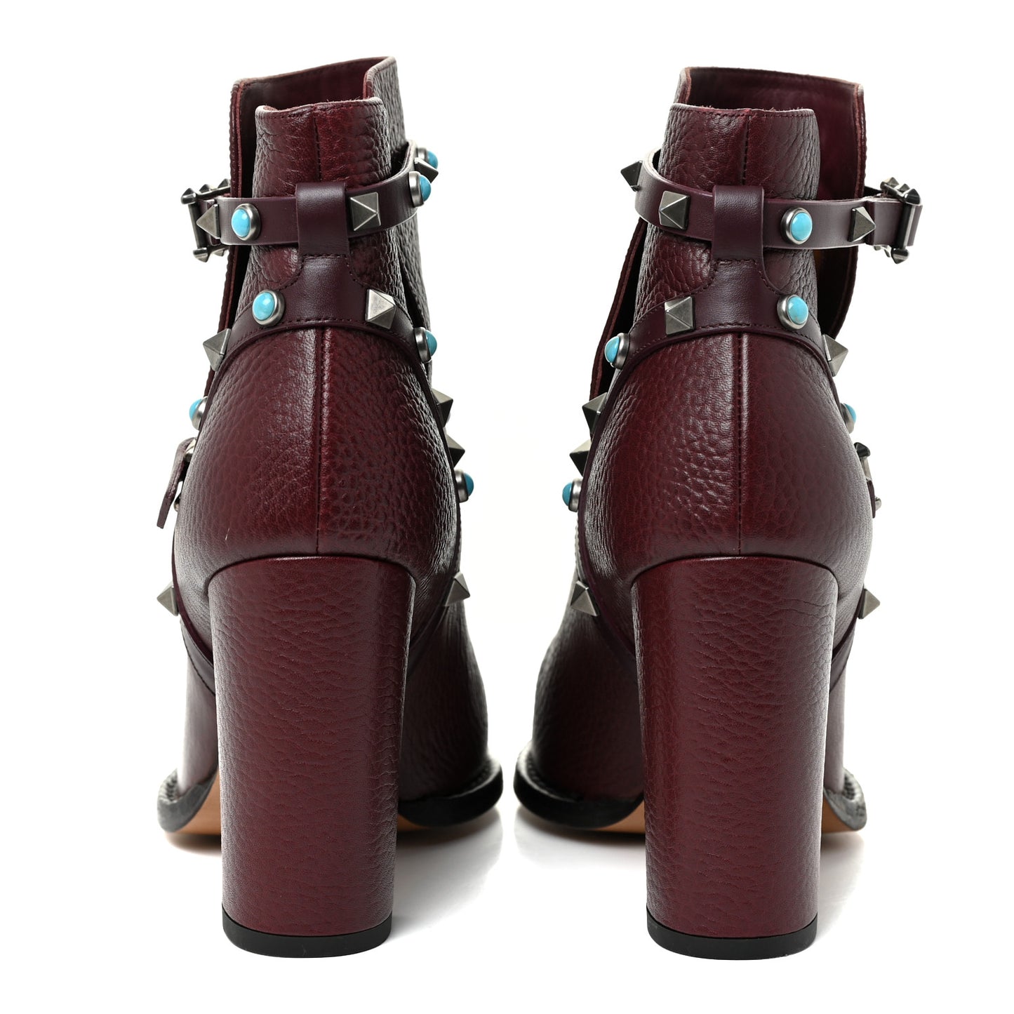 Pebbled Calfskin Rockstud Rolling Double Buckle 100mm Block Heel Ankle Boots 37 Rubin
