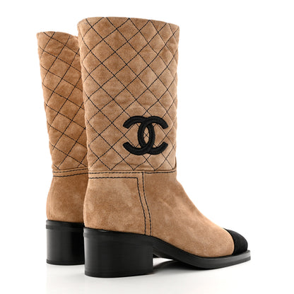 Chanel Suede Quilted CC High Boots 35.5 Dark Beige Black 4 of 8
