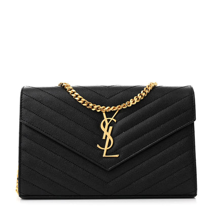 Saint Laurent Grain De Poudre Matelasse Chevron Monogram Chain Wallet Black 1 of 12
