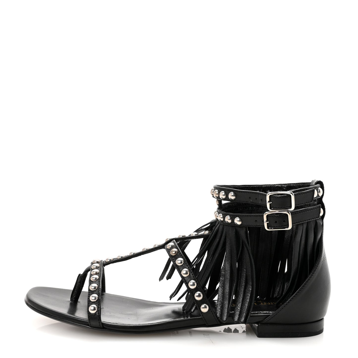 Calfskin Studded Fringe Cyuko Sandals 36.5 Black