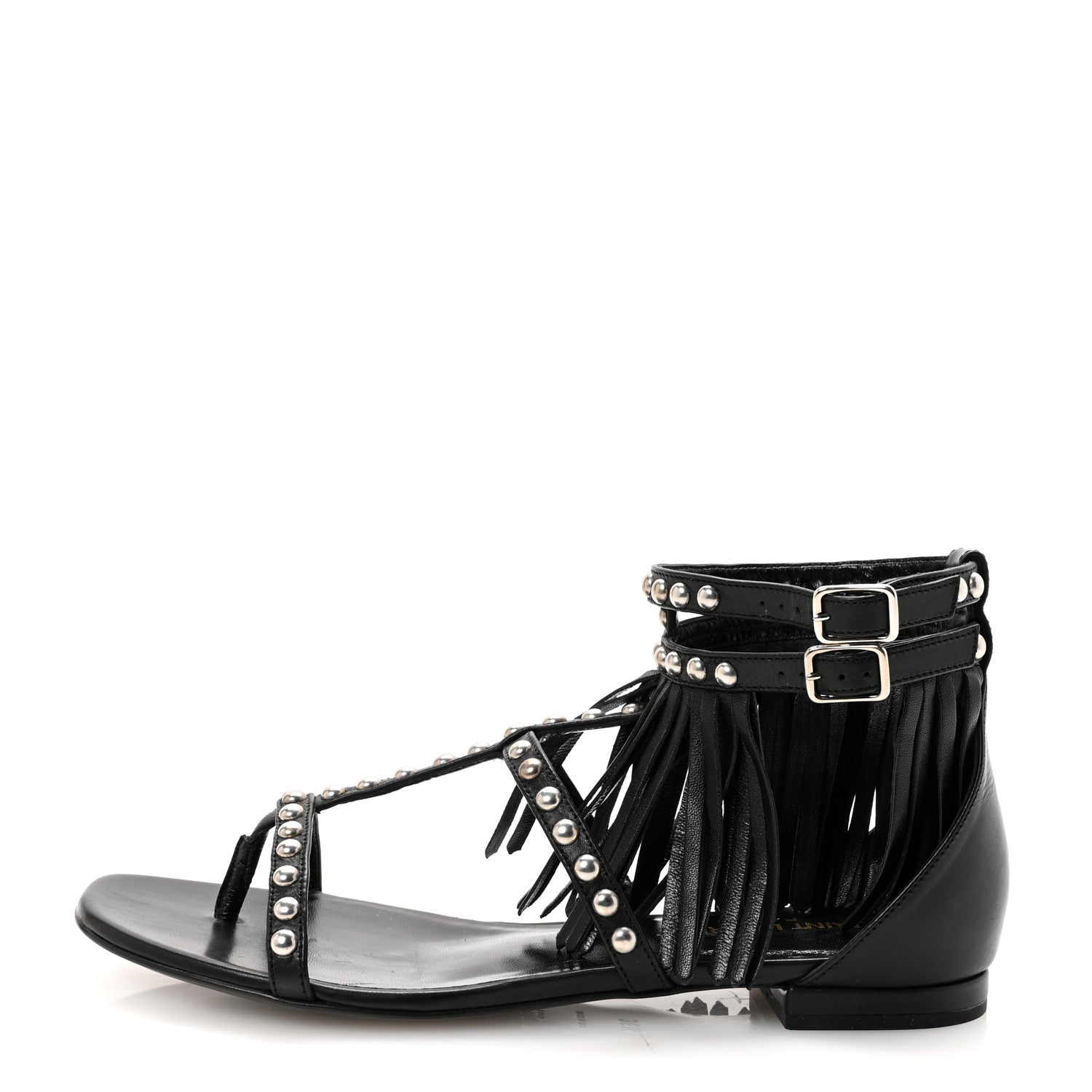 Saint Laurent Calfskin Studded Fringe Cyuko Sandals 36.5 Black 1 of 10