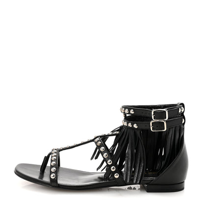 Saint Laurent Calfskin Studded Fringe Cyuko Sandals 36.5 Black 1 of 10