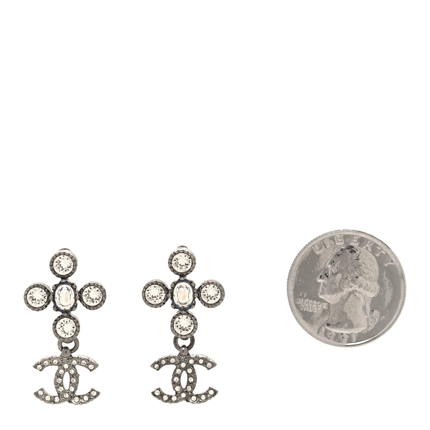 Chanel Ruthenium Crystal CC Drop Earrings Blue 2 of 5