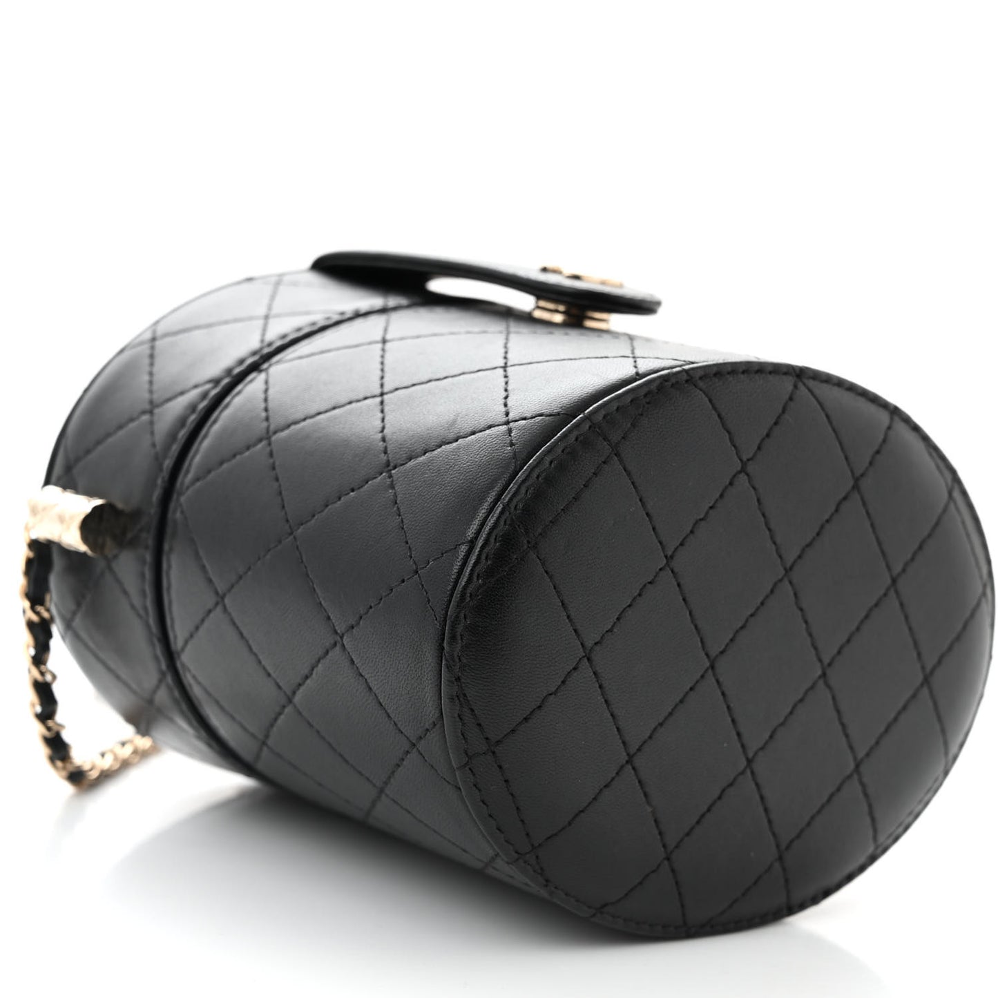 Lambskin Quilted Round Vanity Case With Chain Black