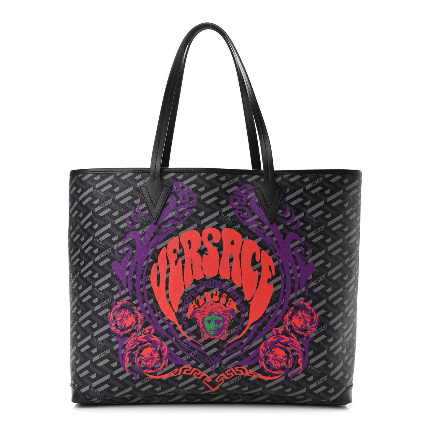 Coated Canvas Calfskin La Greca Medusa Music Signature Shopper Tote Bag Black Grey