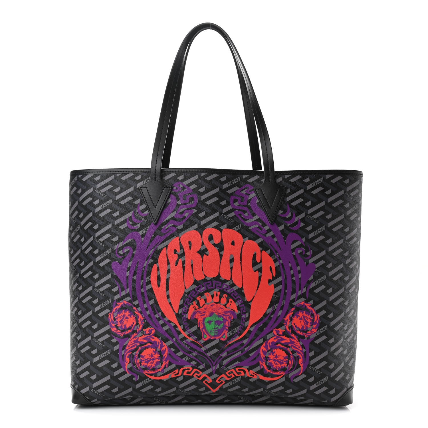 Versace Coated Canvas Calfskin La Greca Medusa Music Signature Shopper Tote Bag Black Grey 3 of 9