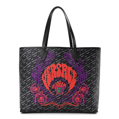 Versace Coated Canvas Calfskin La Greca Medusa Music Signature Shopper Tote Bag Black Grey 3 of 9