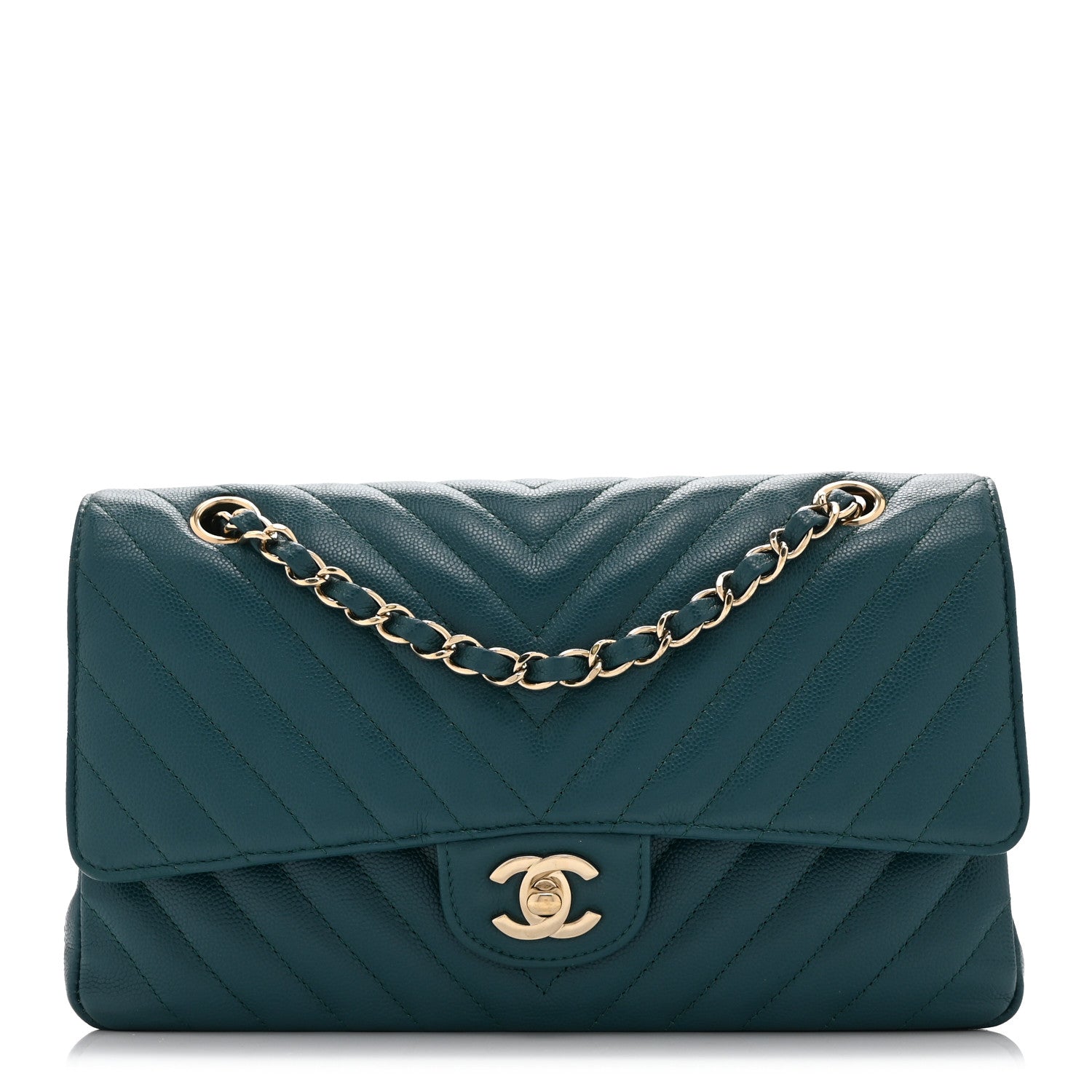 Chanel Caviar Chevron Quilted Medium Double Flap  Green 2 of 11